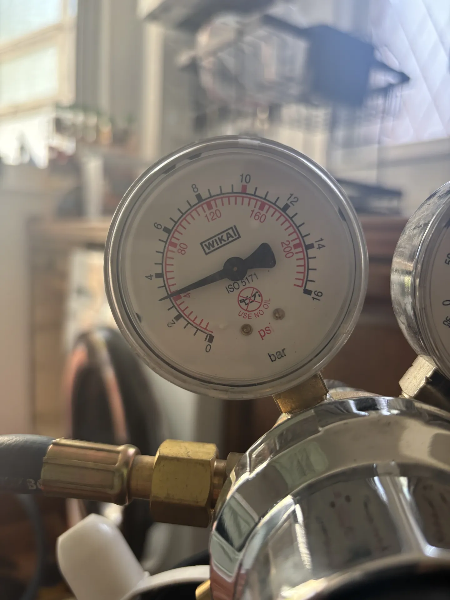 Close-up of a pressure gauge during a nitrogen test on pipework