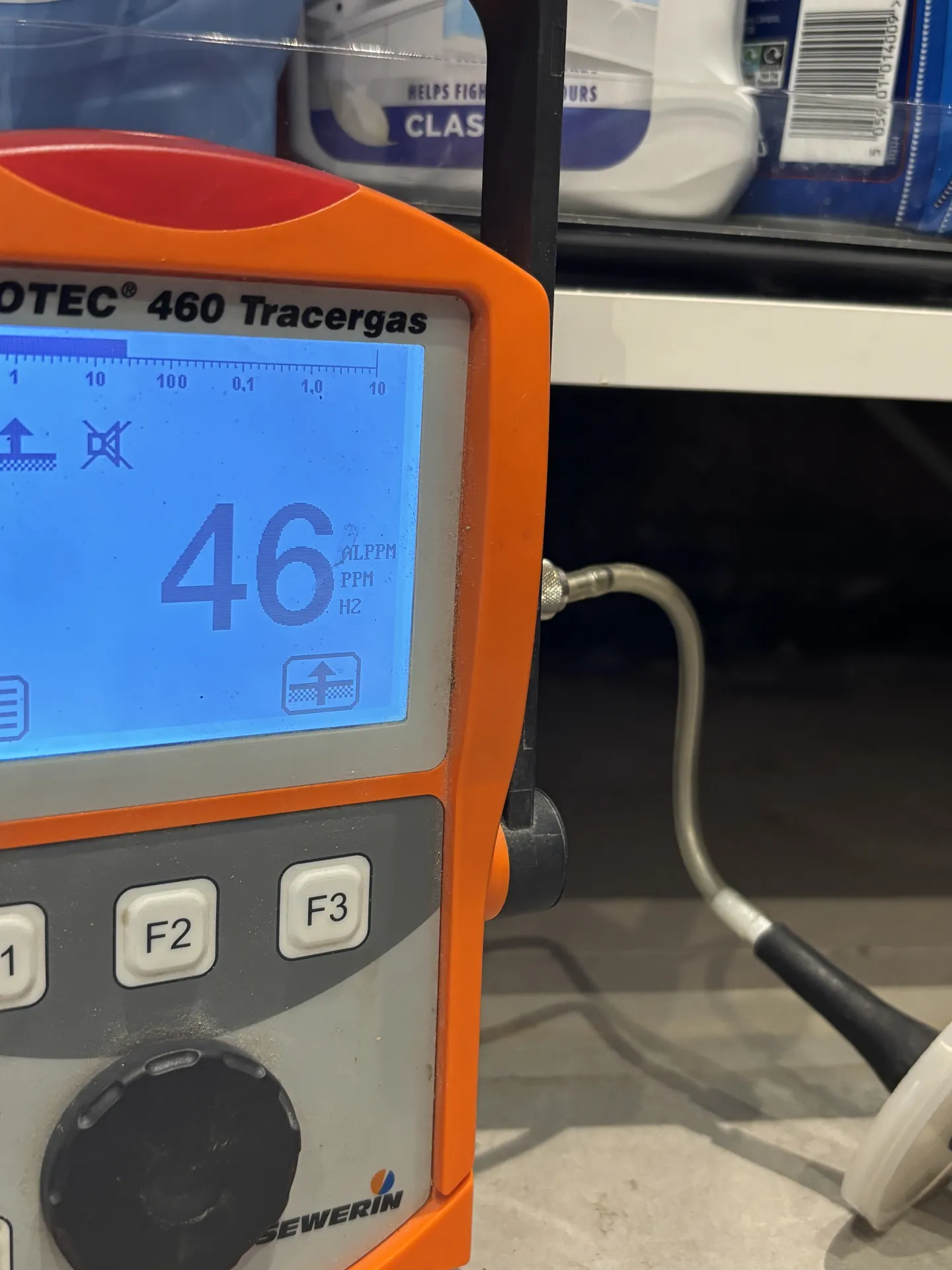 Tracer gas detector reading 46 in a kitchen